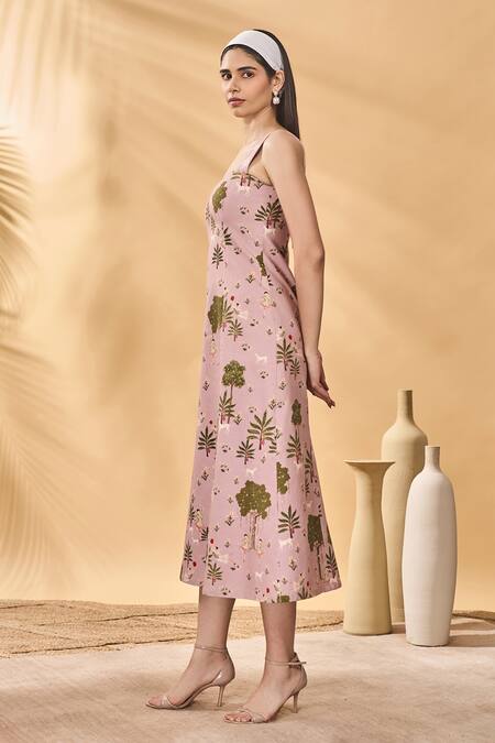 Masaba_Pink Cotton, Linen Square Neck Pirouette Picnic Midi Dress _Online_at_Aza_Fashions