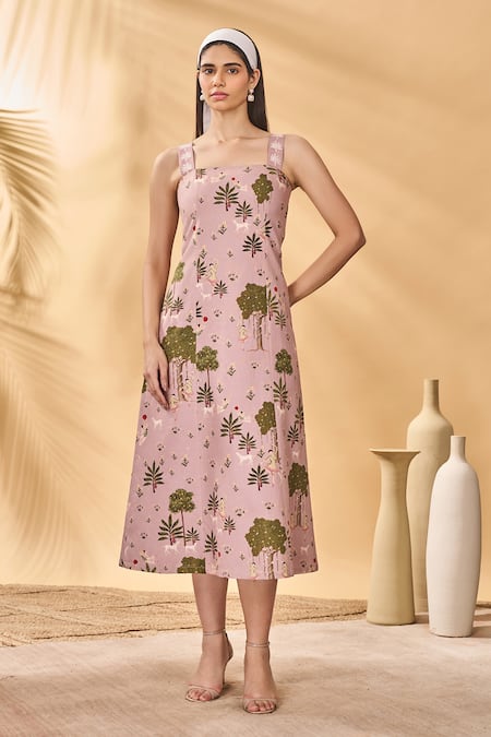 Masaba Pink Cotton, Linen Square Neck Pirouette Picnic Midi Dress 