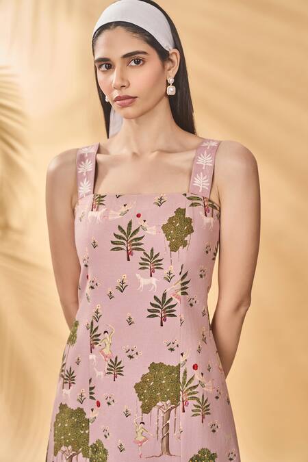 Buy_Masaba_Pink Cotton, Linen Square Neck Pirouette Picnic Midi Dress _Online_at_Aza_Fashions