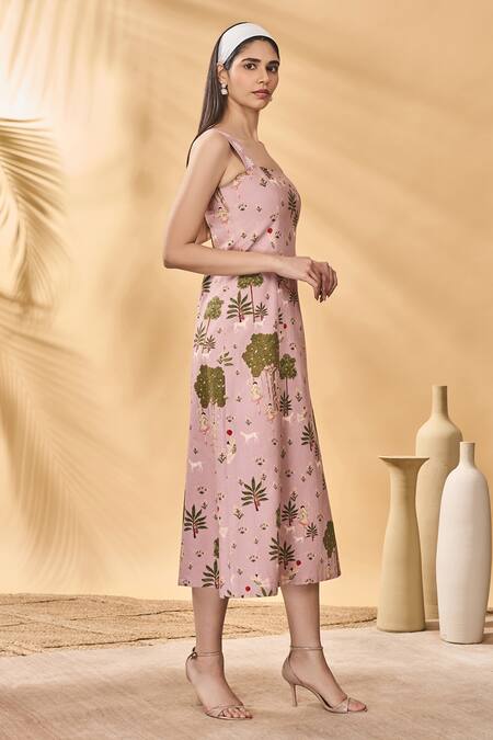 Shop_Masaba_Pink Cotton, Linen Square Neck Pirouette Picnic Midi Dress _Online_at_Aza_Fashions