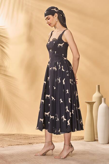 Shop_Masaba_Black Crepe, Silk Square Neck Woof Whimsy Corset Dress _Online_at_Aza_Fashions