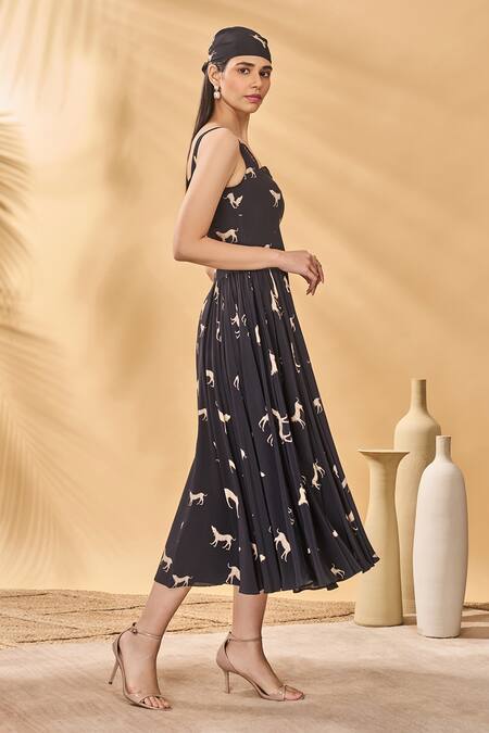 Masaba_Black Crepe, Silk Square Neck Woof Whimsy Corset Dress _at_Aza_Fashions