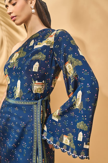 Shop_Masaba_Navy Crepe, Silk Tassels Asymmetric Midnight Miniature Dreams Wrap Dress _Online_at_Aza_Fashions