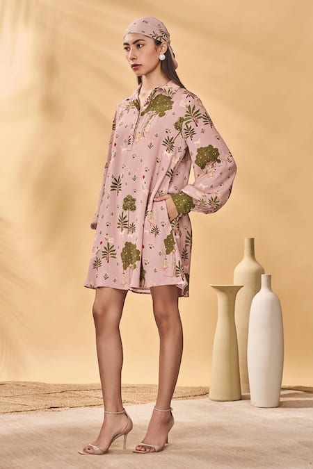 Masaba_Pink Crepe, Silk Collared Pirouette Picnic Mini Dress _Online_at_Aza_Fashions