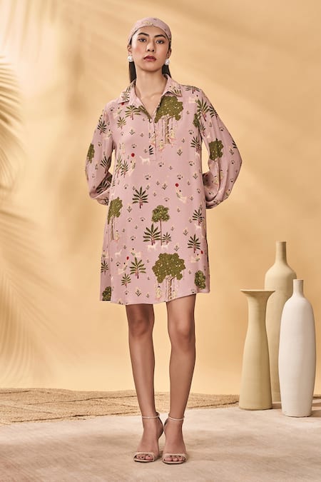 Masaba Pink Crepe, Silk Collared Pirouette Picnic Mini Dress 