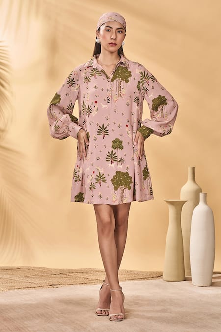 Shop_Masaba_Pink Crepe, Silk Collared Pirouette Picnic Mini Dress _Online_at_Aza_Fashions