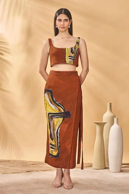Masaba Brown Linen Square Neck Two Faced Pareo Set 