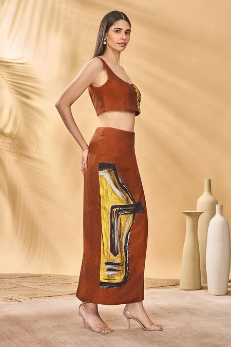 Buy_Masaba_Brown Linen Square Neck Two Faced Pareo Set _Online_at_Aza_Fashions