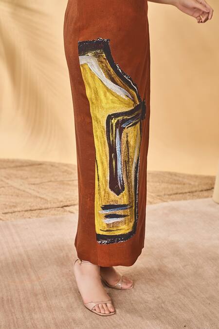 Shop_Masaba_Brown Linen Square Neck Two Faced Pareo Set _Online_at_Aza_Fashions