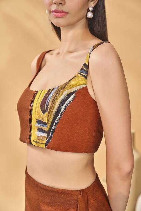 Masaba_Brown Linen Square Neck Two Faced Pareo Set _at_Aza_Fashions