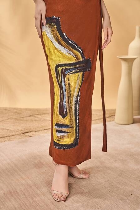 Buy_Masaba_Brown Linen Square Neck Two Faced Pareo Set 