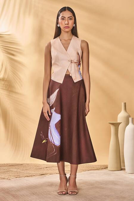 Masaba_Brown Linen Hidden Within Swing Skirt_Online_at_Aza_Fashions