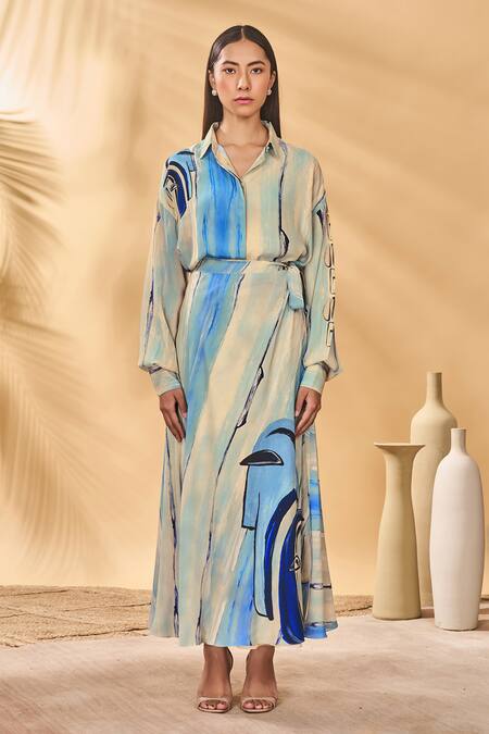 Buy_Masaba_Beige Crepe Collared Midnight Faces Silk Shirt_Online_at_Aza_Fashions