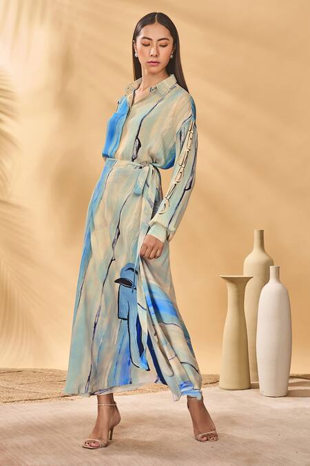 Masaba_Beige Crepe Collared Midnight Faces Silk Shirt_at_Aza_Fashions