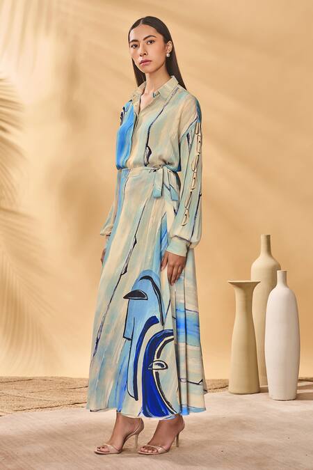 Shop_Masaba_Beige Crepe, Silk Midnight Faces Long Skirt_Online_at_Aza_Fashions