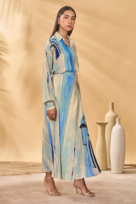 Shop Masaba Beige Crepe, Silk Collared Midnight Faces Skirt Set Online at Aza Fashions Shop_Masaba_Beige Crepe, Silk Collared Midnight Faces Skirt Set _Online_at_Aza_Fashions