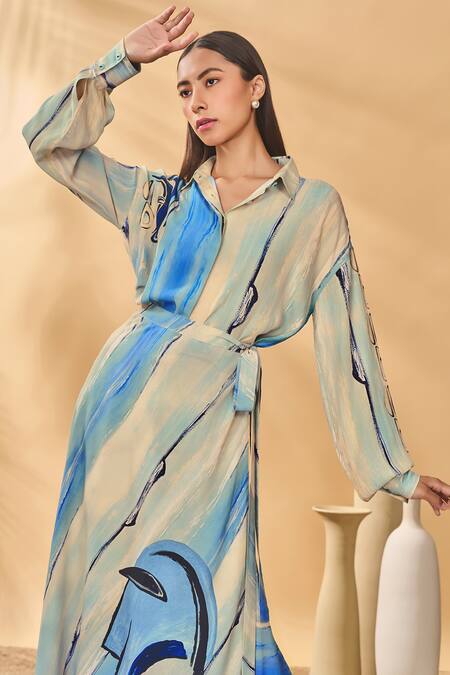 Masaba Beige Crepe, Silk Collared Midnight Faces Skirt Set at Aza Fashions Masaba_Beige Crepe, Silk Collared Midnight Faces Skirt Set _at_Aza_Fashions