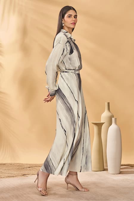 Masaba_Ivory Crepe, Silk Collared Moonlit Faces Skirt Set _Online_at_Aza_Fashions