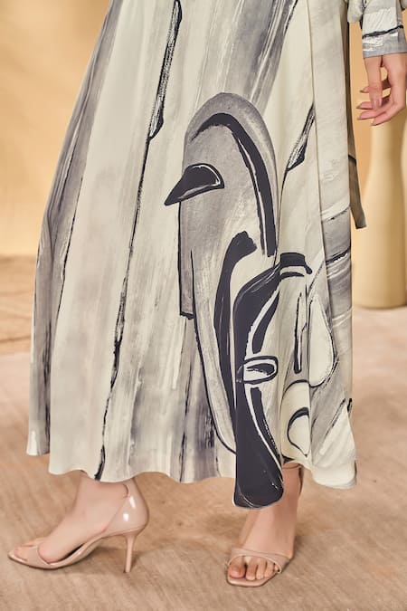 Shop_Masaba_Ivory Crepe, Silk Collared Moonlit Faces Skirt Set _Online_at_Aza_Fashions