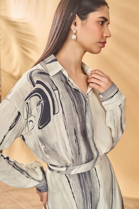 Masaba_Ivory Crepe, Silk Collared Moonlit Faces Skirt Set _at_Aza_Fashions