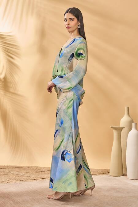 Masaba_Blue Crepe, Silk V-neck Whirlwind Bellowy Sleeve Top_Online_at_Aza_Fashions