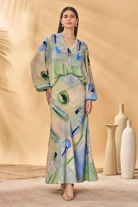 Buy_Masaba_Blue Crepe, Silk V-neck Whirlwind Bellowy Sleeve Top_Online_at_Aza_Fashions