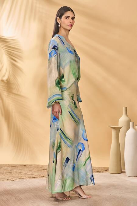 Shop_Masaba_Blue Crepe, Silk V-neck Whirlwind Bellowy Sleeve Top_Online_at_Aza_Fashions