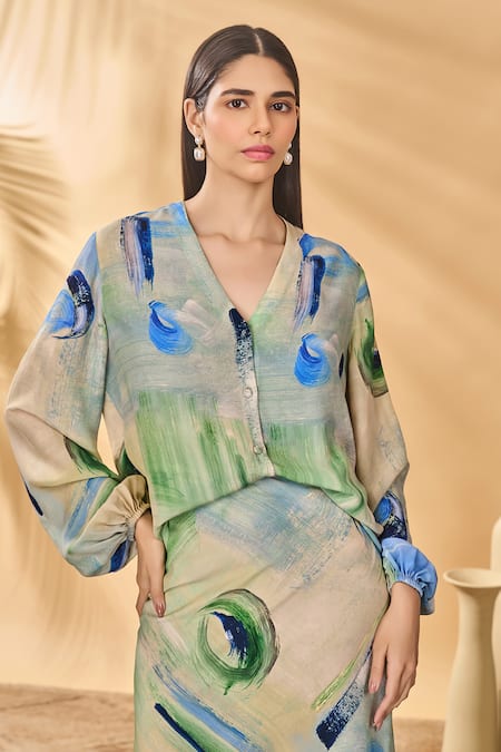 Masaba Blue Crepe, Silk V-neck Whirlwind Bellowy Sleeve Top 