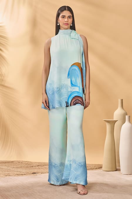 Masaba Blue Crepe, Silk High Neck Lost In Space Tunic Set 