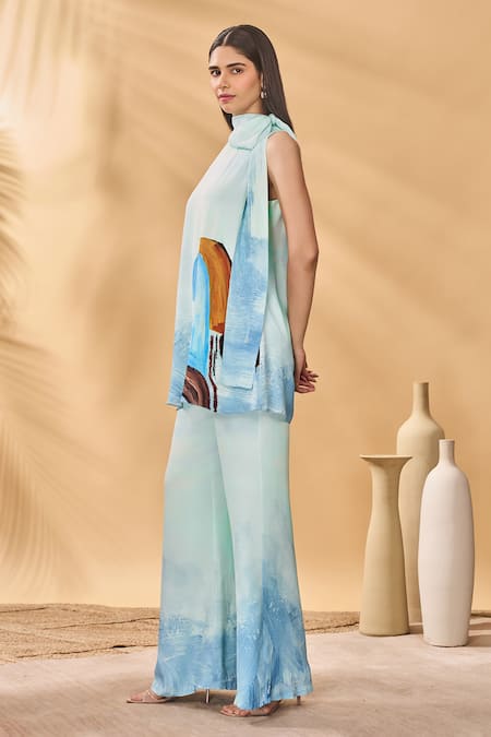 Masaba_Blue Crepe, Silk High Neck Lost In Space Tunic Set _Online_at_Aza_Fashions
