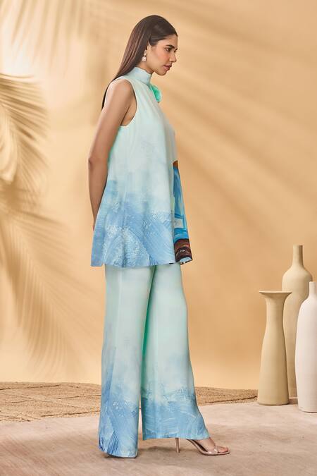 Buy_Masaba_Blue Crepe, Silk High Neck Lost In Space Tunic Set _Online_at_Aza_Fashions