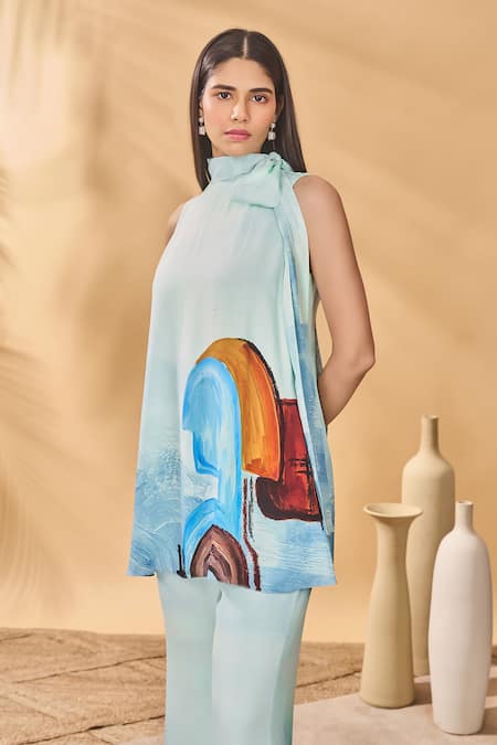 Shop_Masaba_Blue Crepe, Silk High Neck Lost In Space Tunic Set _Online_at_Aza_Fashions