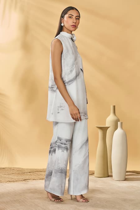 Masaba_White Crepe, Silk High Neck Moon And Mist Tunic Set _Online_at_Aza_Fashions