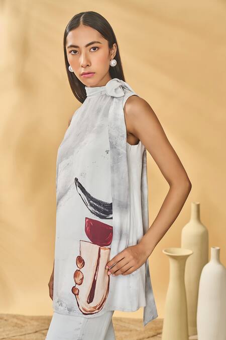 Shop_Masaba_White Crepe, Silk High Neck Moon And Mist Tunic Set _Online_at_Aza_Fashions
