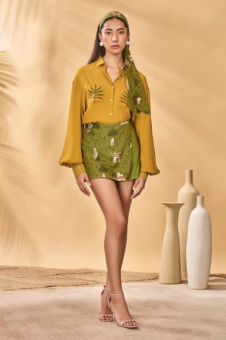Masaba Mustard Crepe, Cotton Embroidery Collared Miniature Dreams Skorts Set 