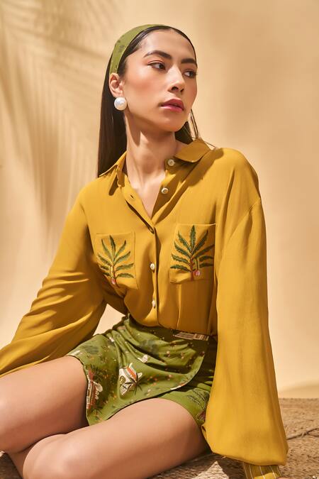Masaba_Mustard Crepe, Silk, Cotton Embroidery Collared Miniature Dreams Skorts Set _at_Aza_Fashions