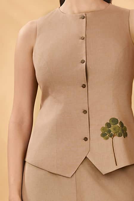 Masaba Beige Cotton, Linen Embroidery Round Neck Trellis Palm Waistcoat Online at Aza Fashions Masaba_Beige Cotton, Linen Embroidery Round Neck Trellis Palm Waistcoat_Online_at_Aza_Fashions