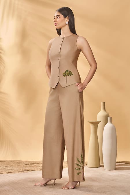 Shop Masaba Beige Cotton, Linen Embroidery Round Neck Trellis Palm Waistcoat Online at Aza Fashions Shop_Masaba_Beige Cotton, Linen Embroidery Round Neck Trellis Palm Waistcoat_Online_at_Aza_Fashions