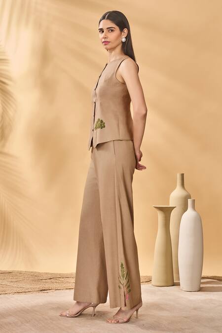 Masaba_Beige Cotton, Linen Embroidery Trellis Palm Trousers_Online_at_Aza_Fashions