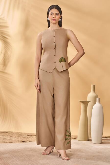 Buy_Masaba_Beige Cotton, Linen Embroidery Trellis Palm Trousers_Online_at_Aza_Fashions