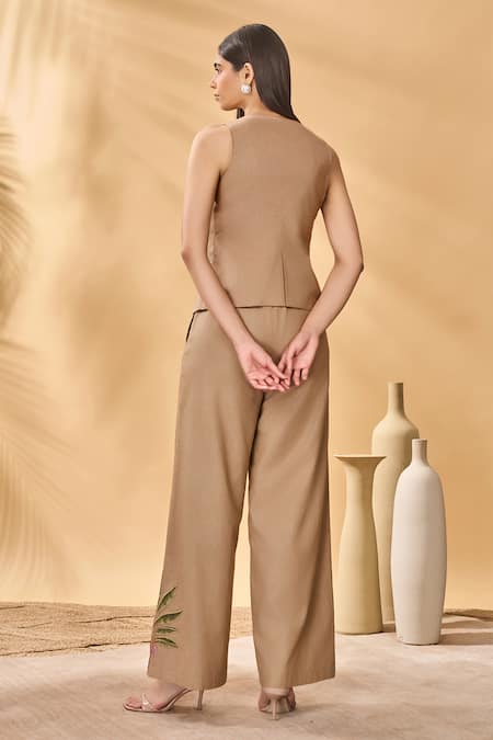 Shop_Masaba_Beige Cotton, Linen Embroidery Round Neck Trellis Palm Waistcoat Set _at_Aza_Fashions