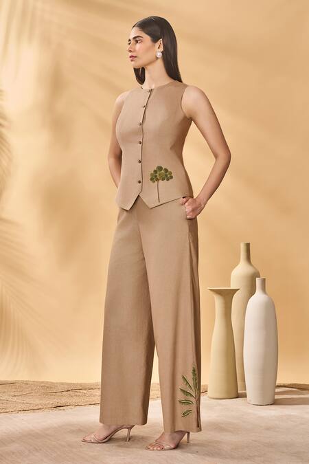 Shop_Masaba_Beige Cotton, Linen Embroidery Round Neck Trellis Palm Waistcoat Set _Online_at_Aza_Fashions