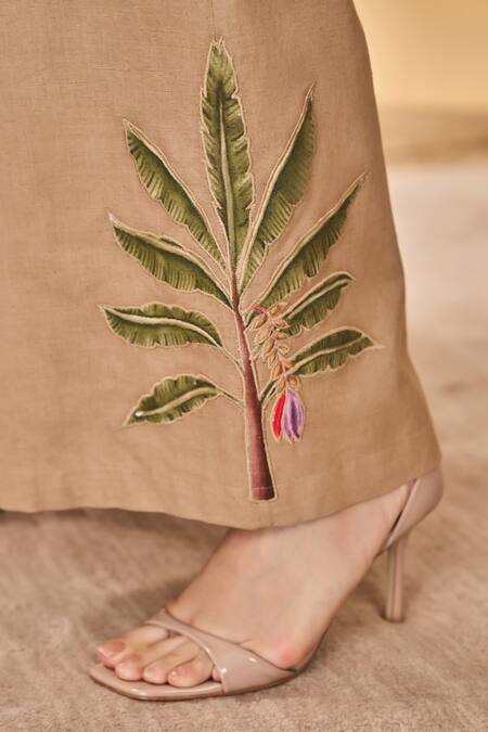 Masaba_Beige Cotton, Linen Embroidery Round Neck Trellis Palm Waistcoat Set _at_Aza_Fashions