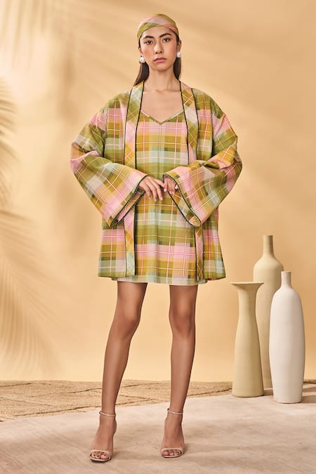 Shop_Masaba_Multi Color Cotton, Linen Embroidery Holiday Home Pina Colada Checkered Jacket _Online_at_Aza_Fashions