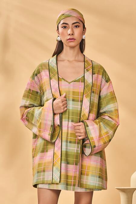 Masaba_Multi Color Cotton, Linen Embroidery Pina Colada Holiday Home Dress And Jacket Set _at_Aza_Fashions