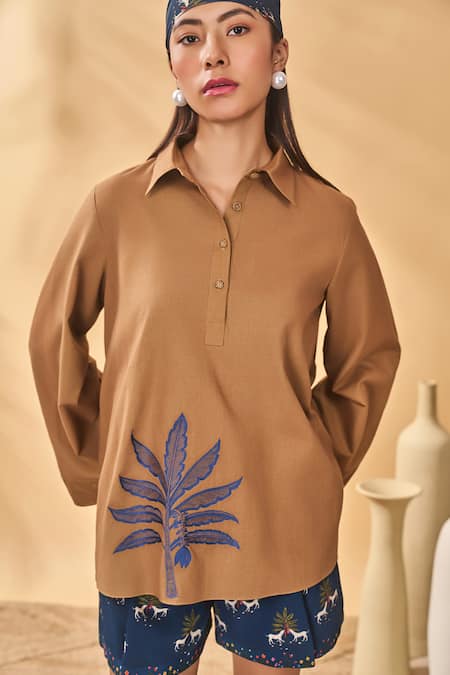 Masaba Brown Cotton, Linen Embroidery Collared Tan Trellis Palm Top 