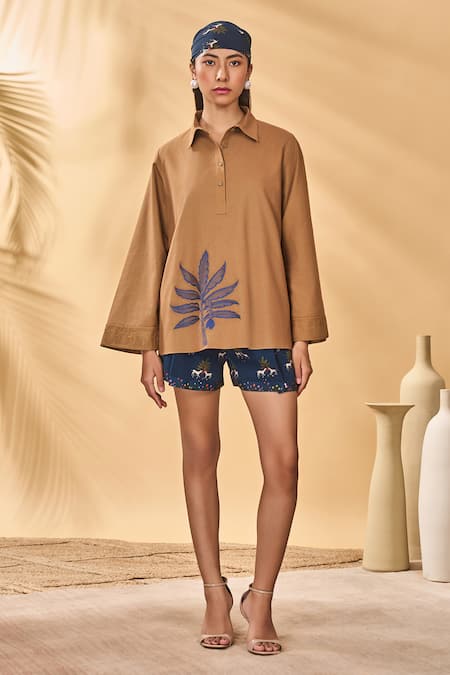 Masaba Tan Cotton, Linen, Silk Embroidery Collared Trellis Paw-tree Shorts Set 