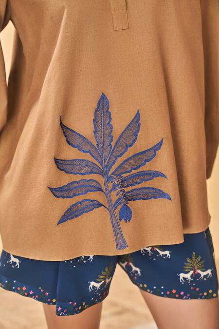 Masaba Tan Cotton, Linen, Silk Embroidery Collared Trellis Paw-tree Shorts Set at Aza Fashions Masaba_Tan Cotton, Linen, Silk Embroidery Collared Trellis Paw-tree Shorts Set_at_Aza_Fashions