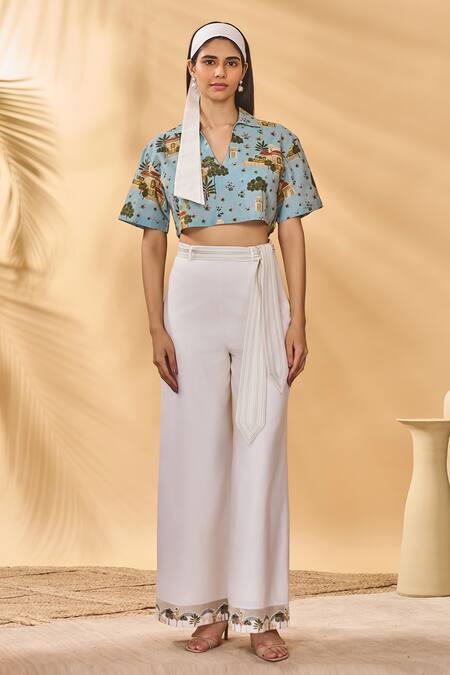 Shop_Masaba_Blue Cotton, Linen Collared Miniature Dreams Crop Top_Online_at_Aza_Fashions