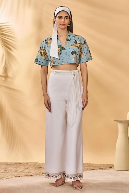 Masaba Blue Cotton, Linen V-neck Miniature Dreams Pant Set 